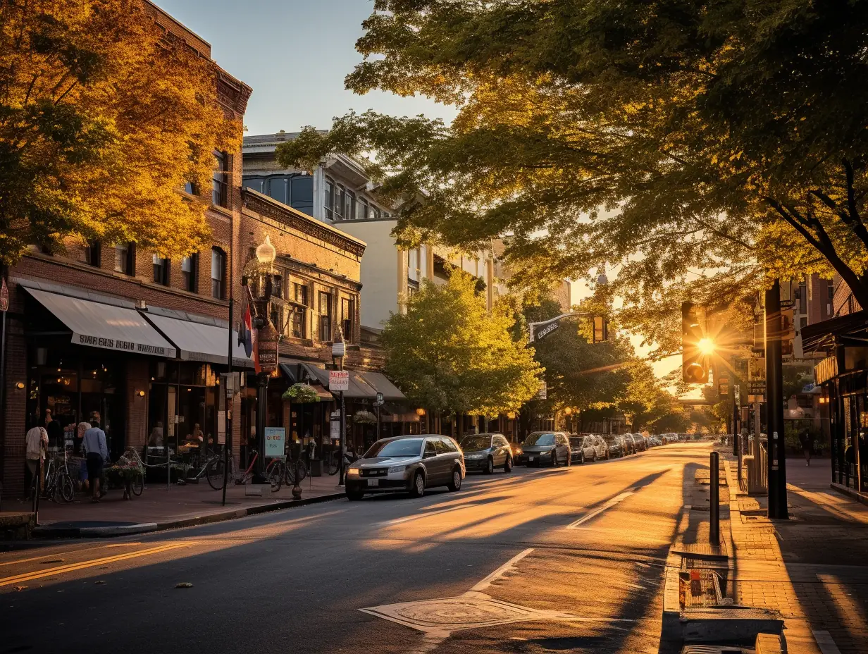 A golden hour street scene in Asheville, North Carolina showing small businesses, boutiques, cafes, and restaurants lining the sidewalks