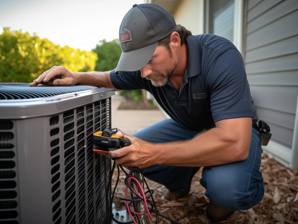 A heating and air technician working on a residential air conditioner