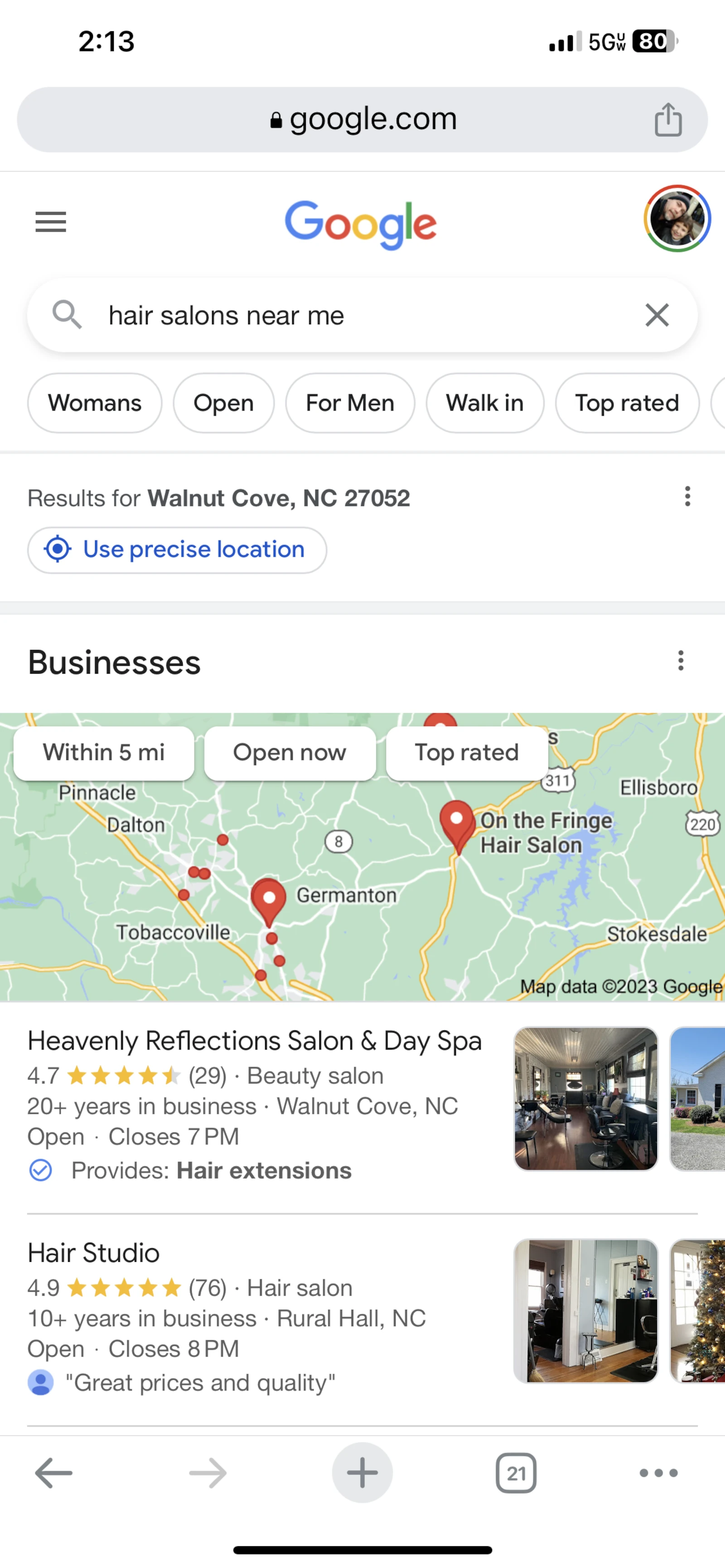 Screenshot of mobile search for "hair salons near me" showing search results and reviews.